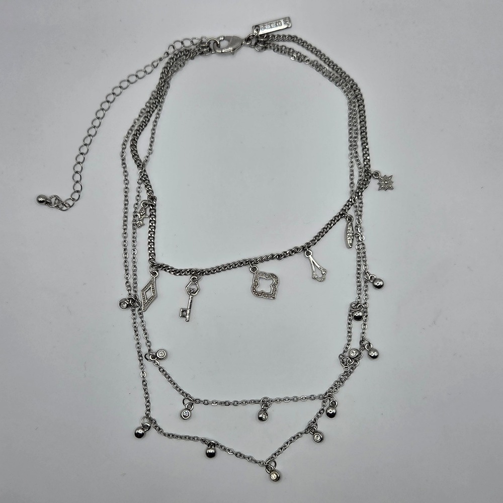 White House Black Market Silver Tone Multi Strand Charm Necklace Rhinestone WHBM
